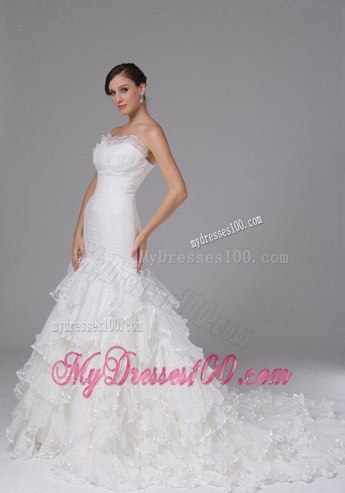 White Mermaid Court Train Bridal Dresses for Wedding with Ruffled Layers
