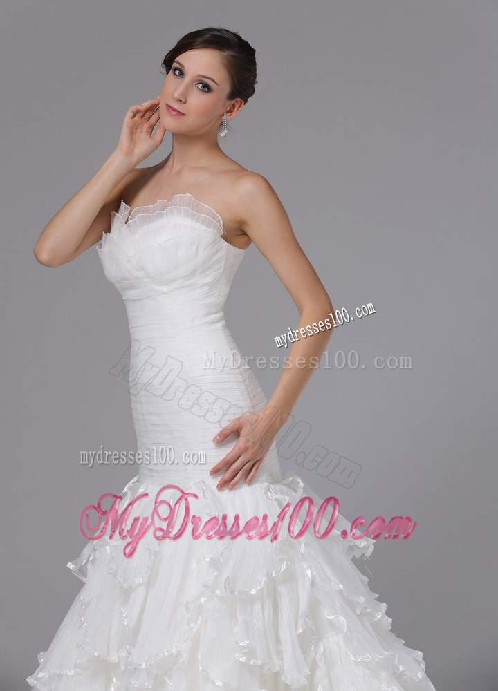 White Mermaid Court Train Bridal Dresses for Wedding with Ruffled Layers
