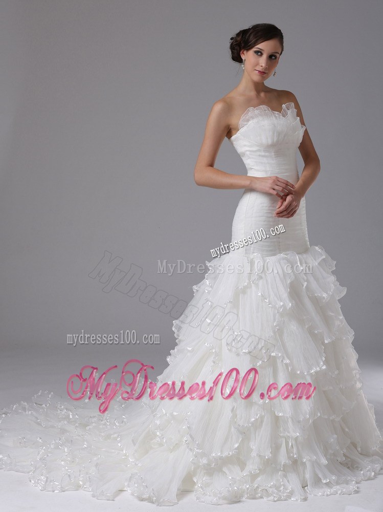 White Mermaid Court Train Bridal Dresses for Wedding with Ruffled Layers