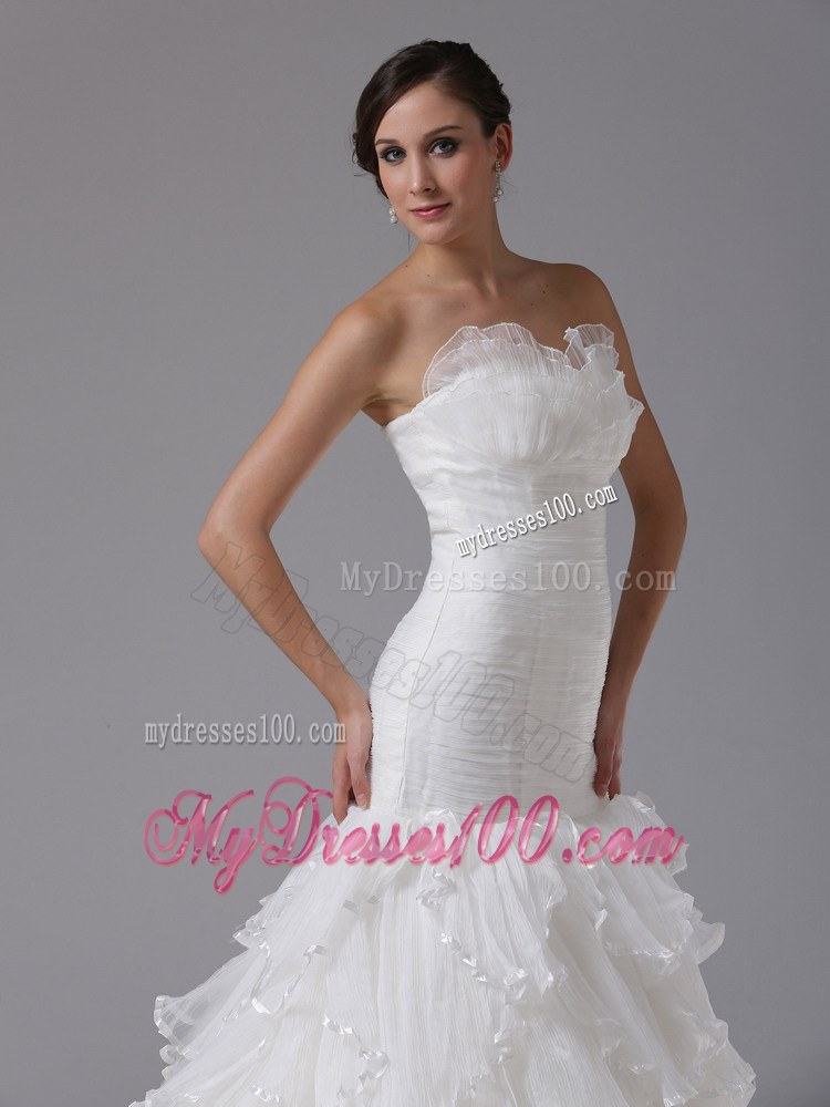 White Mermaid Court Train Bridal Dresses for Wedding with Ruffled Layers