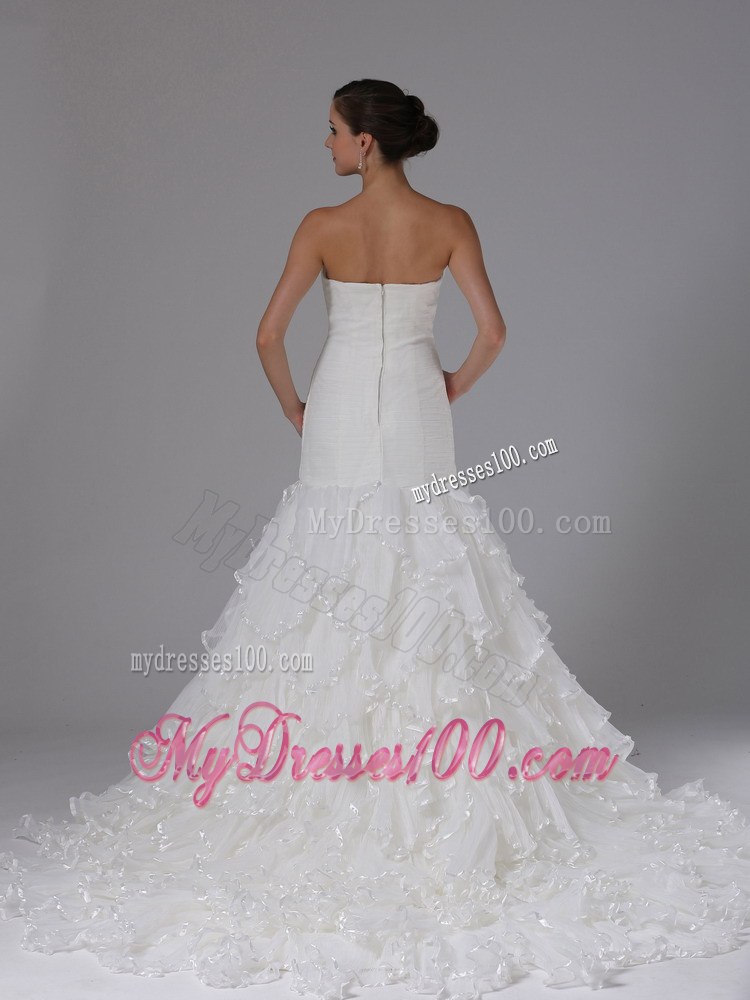 White Mermaid Court Train Bridal Dresses for Wedding with Ruffled Layers
