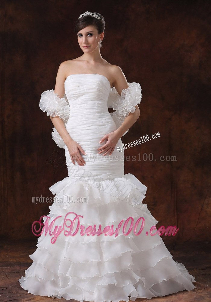 Strapless White Ruching Mermaid Bridal Gowns for Wedding with Ruffled Layers