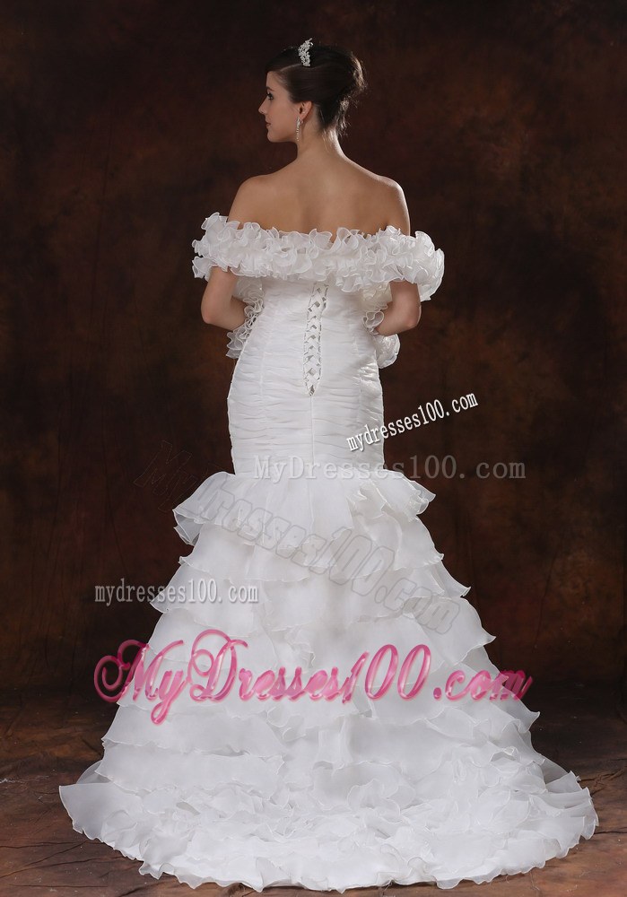 Strapless White Ruching Mermaid Bridal Gowns for Wedding with Ruffled Layers