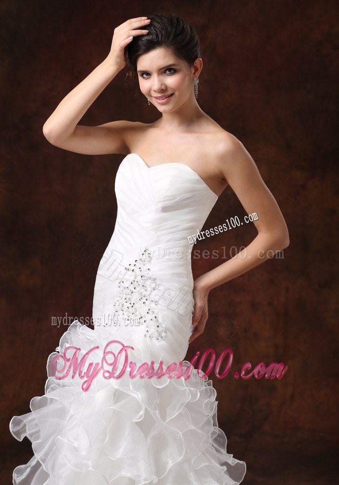 Most Popular Ruffle-layers Beaded Fitted White Wedding Dress Court Train