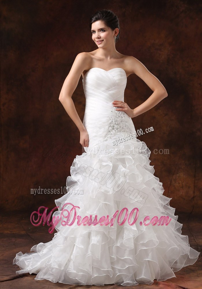 Most Popular Ruffle-layers Beaded Fitted White Wedding Dress Court Train