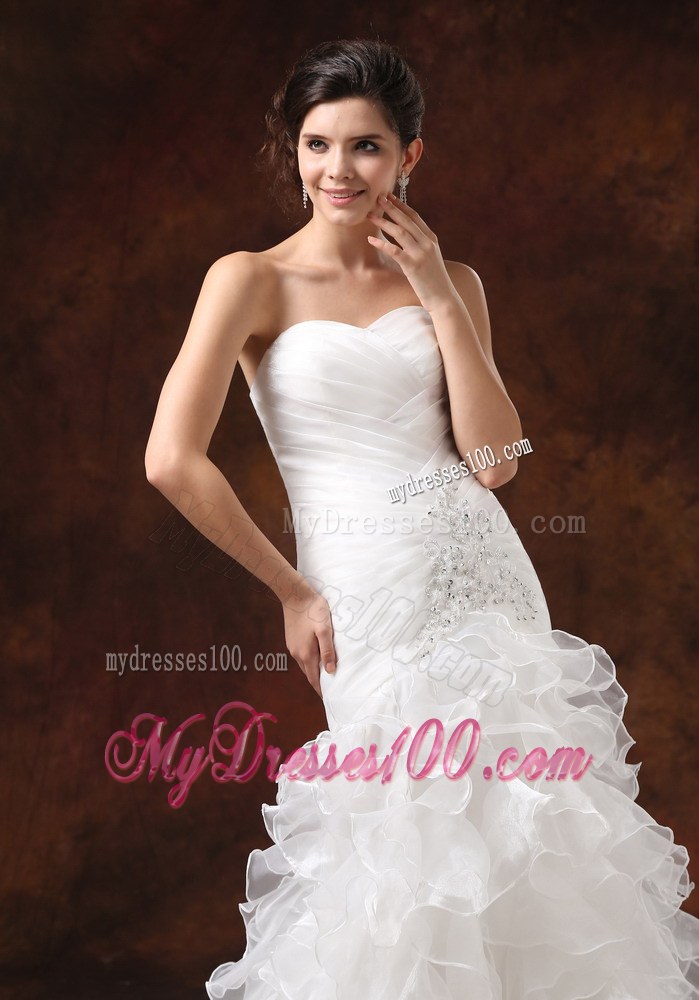 Most Popular Ruffle-layers Beaded Fitted White Wedding Dress Court Train