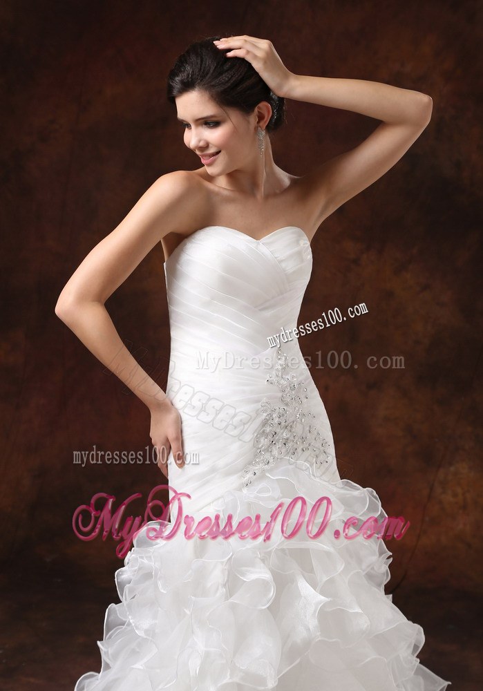 Most Popular Ruffle-layers Beaded Fitted White Wedding Dress Court Train