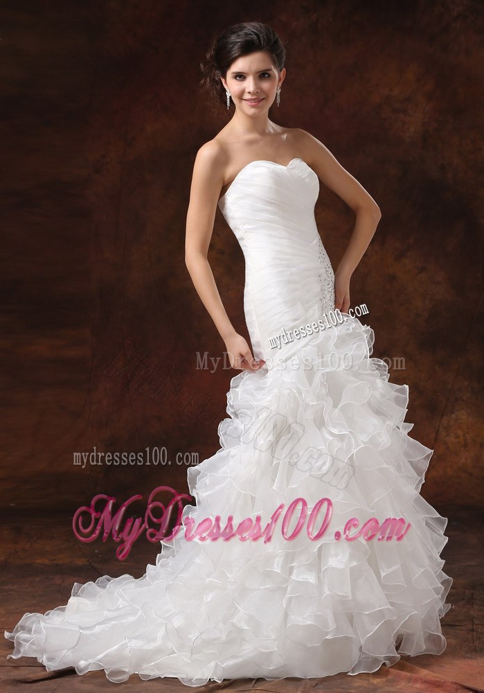 Most Popular Ruffle-layers Beaded Fitted White Wedding Dress Court Train