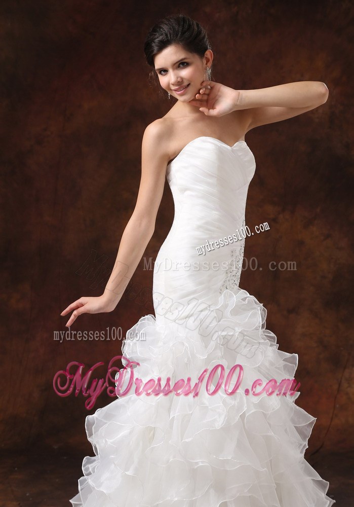 Most Popular Ruffle-layers Beaded Fitted White Wedding Dress Court Train