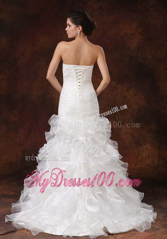 Most Popular Ruffle-layers Beaded Fitted White Wedding Dress Court Train