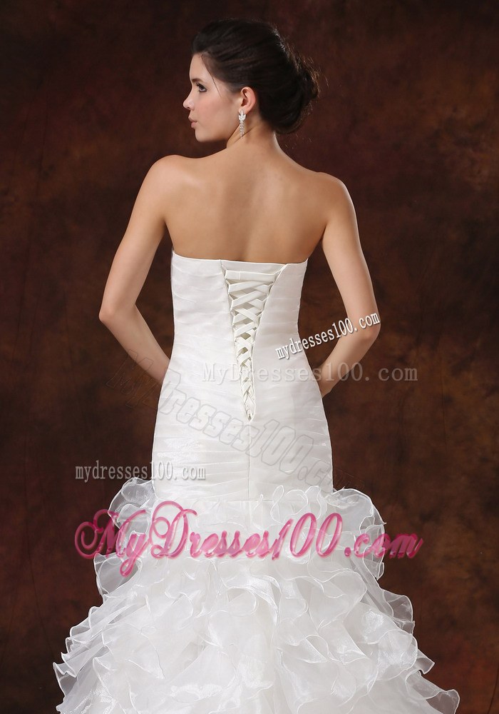 Most Popular Ruffle-layers Beaded Fitted White Wedding Dress Court Train