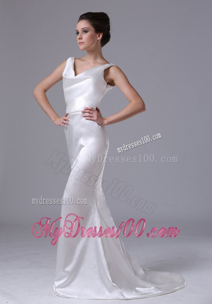 Simple Sleeveless Column Dress For Bride In Satin with Sweep Train