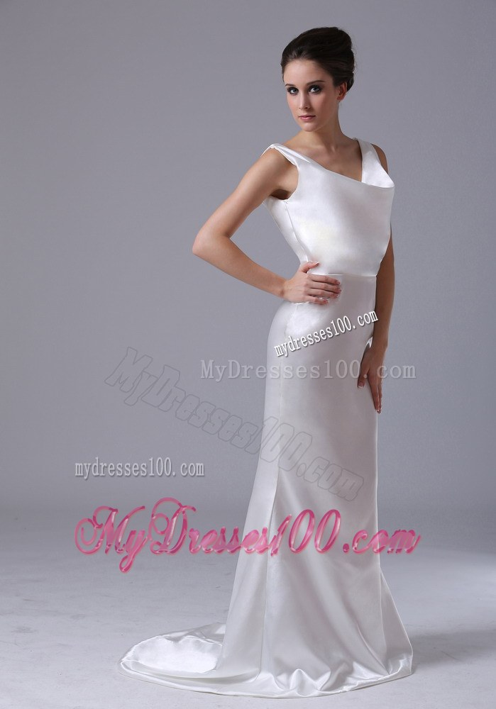 Simple Sleeveless Column Dress For Bride In Satin with Sweep Train