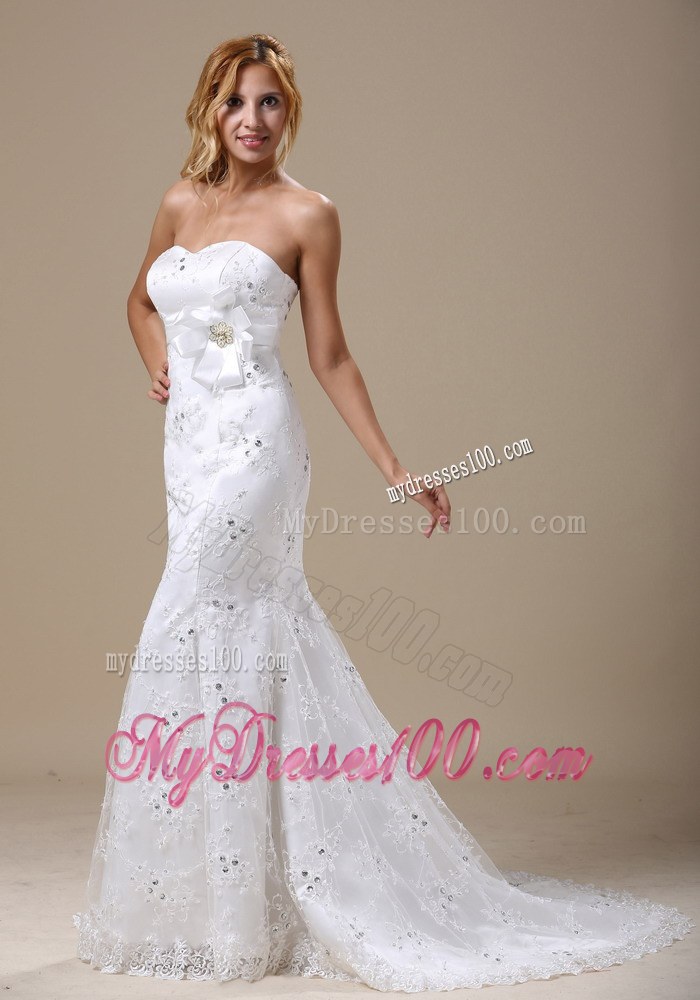 Flower Accent on Waist Mermaid Brush Train Wedding Gown of Lace