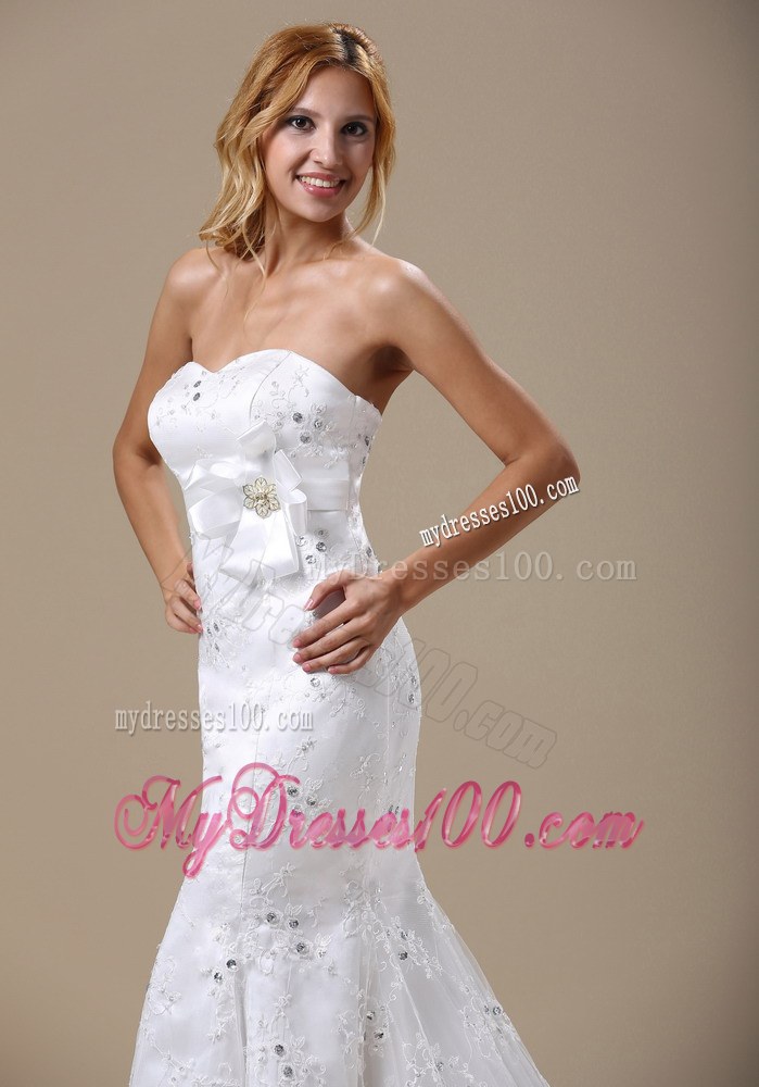 Flower Accent on Waist Mermaid Brush Train Wedding Gown of Lace
