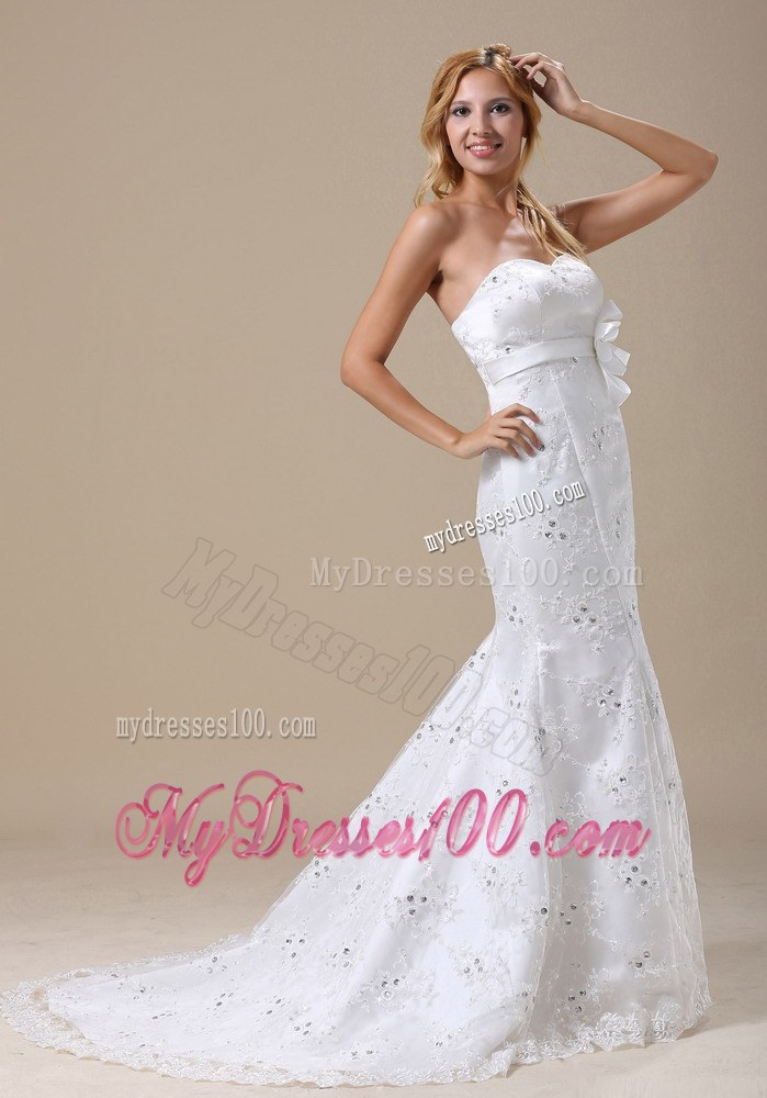 Flower Accent on Waist Mermaid Brush Train Wedding Gown of Lace