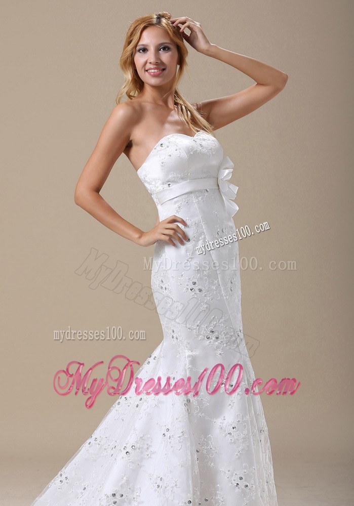 Flower Accent on Waist Mermaid Brush Train Wedding Gown of Lace