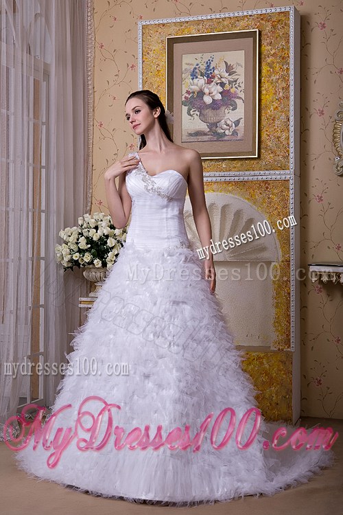 Sheer One Shoulder Court Train Bridal Dresses Unique From The Small Ruffles