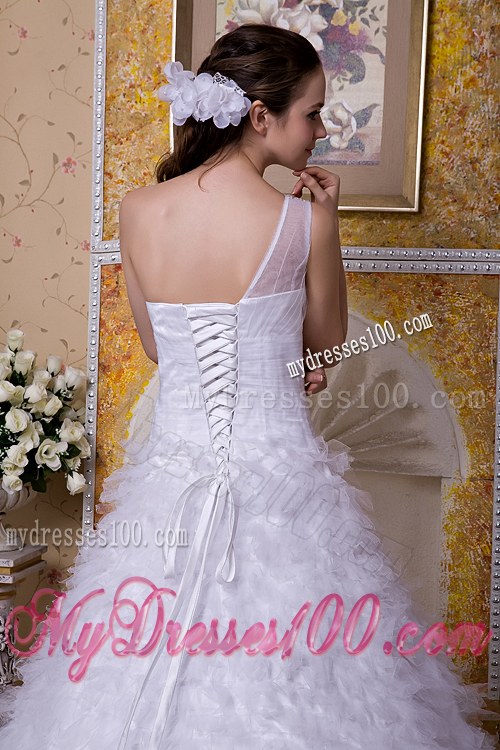 Sheer One Shoulder Court Train Bridal Dresses Unique From The Small Ruffles