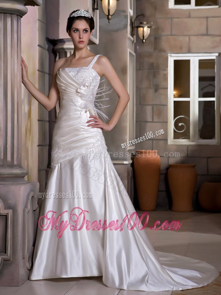 One Shoulder Beaded Wedding Dress with Handle Flowers and Feather