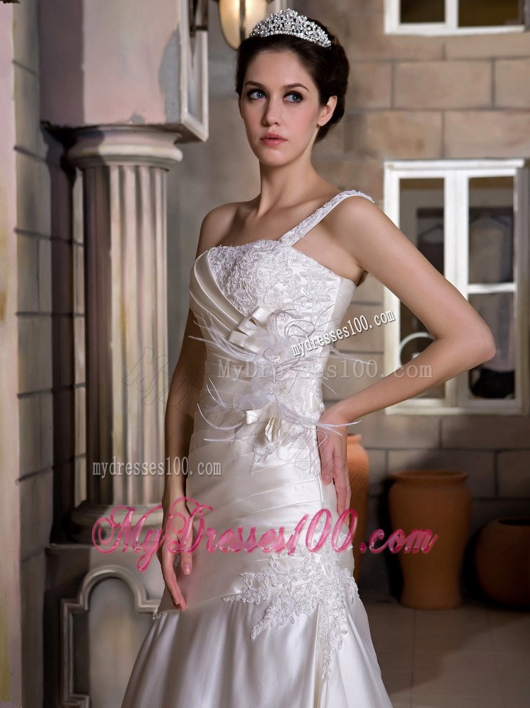 One Shoulder Beaded Wedding Dress with Handle Flowers and Feather