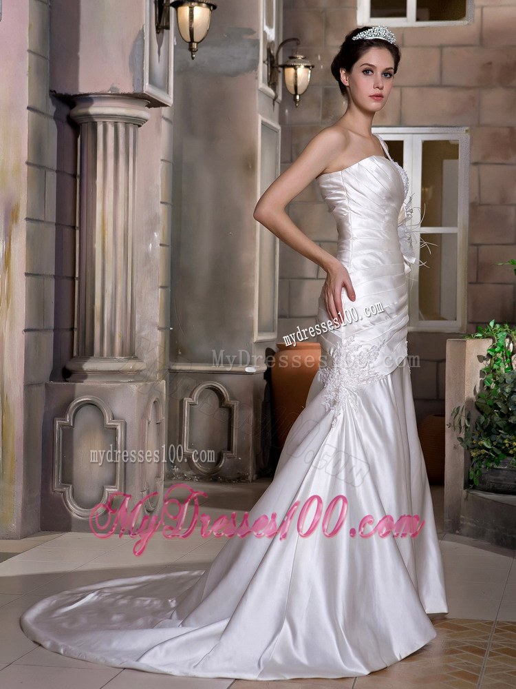 One Shoulder Beaded Wedding Dress with Handle Flowers and Feather