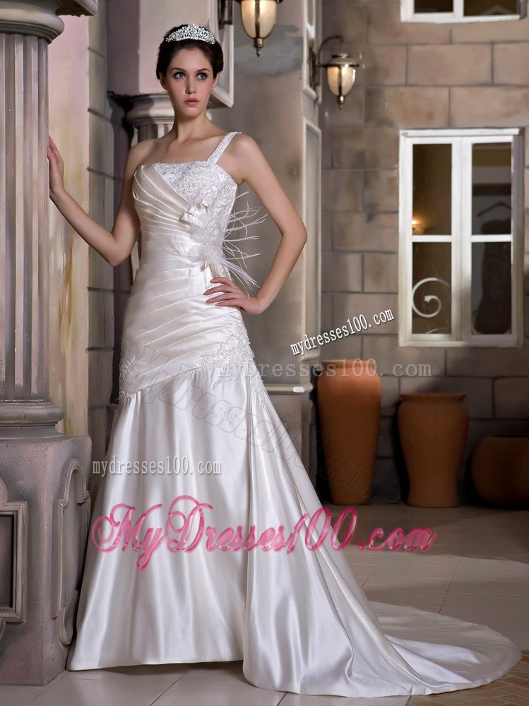 One Shoulder Beaded Wedding Dress with Handle Flowers and Feather