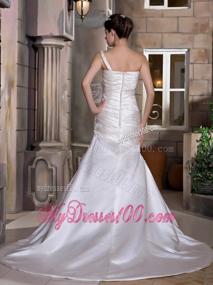 One Shoulder Beaded Wedding Dress with Handle Flowers and Feather