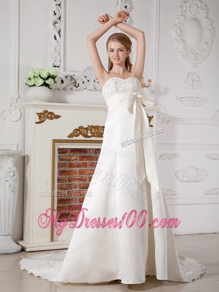 A-line Sweetheart Court Train Taffeta Beaded Bridal Dress with Bowknot