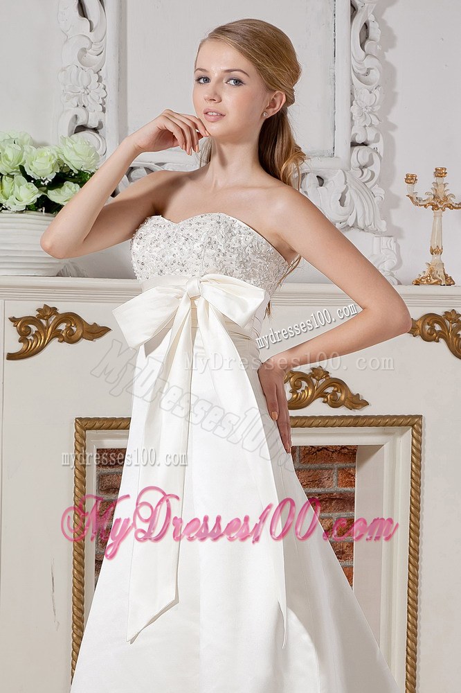 A-line Sweetheart Court Train Taffeta Beaded Bridal Dress with Bowknot