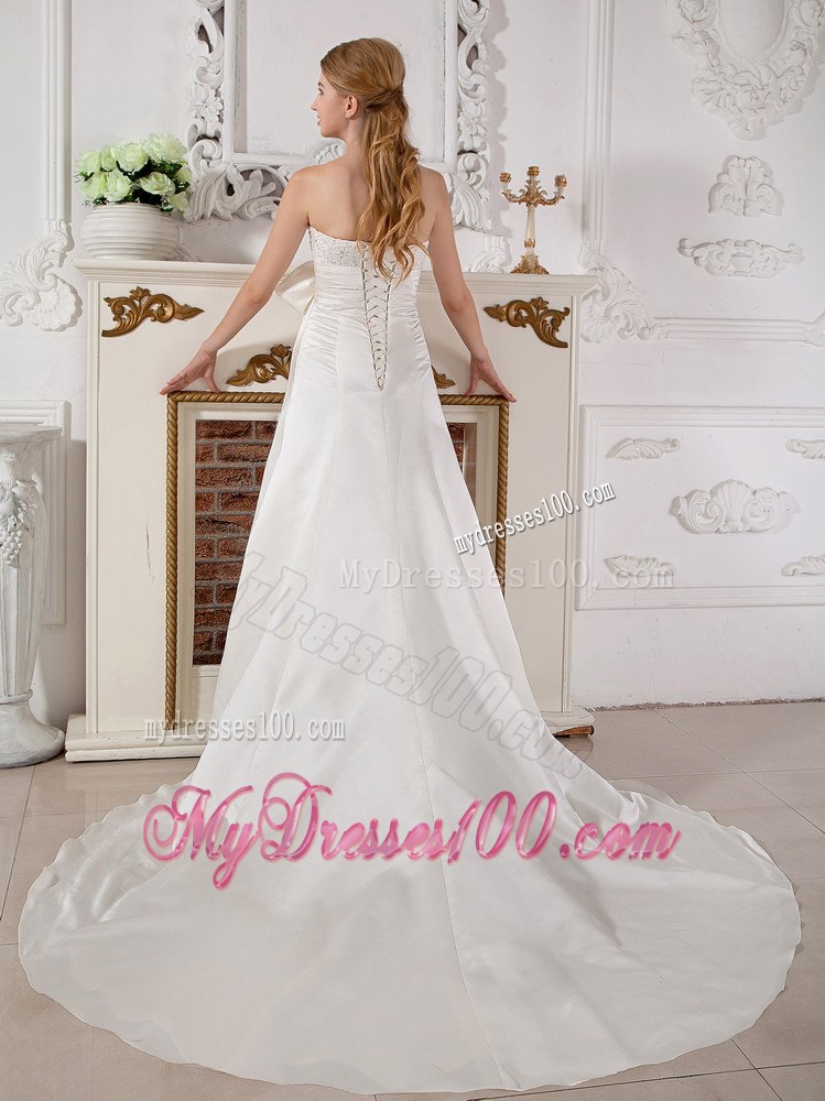 A-line Sweetheart Court Train Taffeta Beaded Bridal Dress with Bowknot