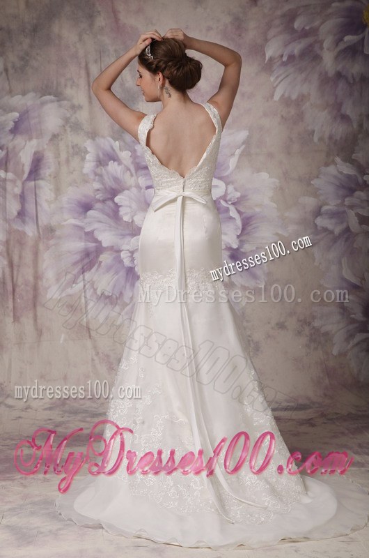 V-neck Sleeveless Ribbons White Wedding Dress with Back out