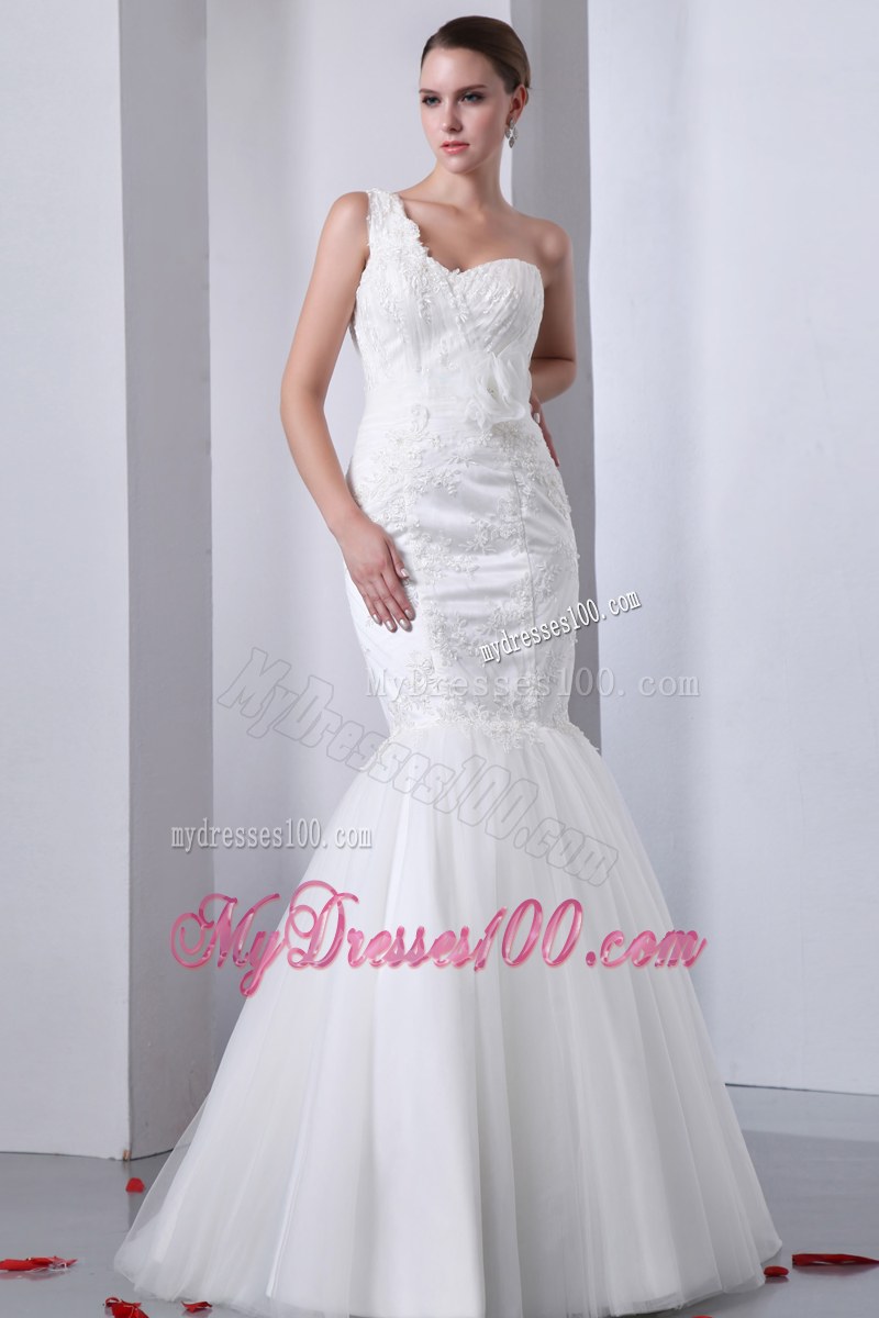 Mermaid One Shoulder Lace White Bridal Dress Handmade Flower