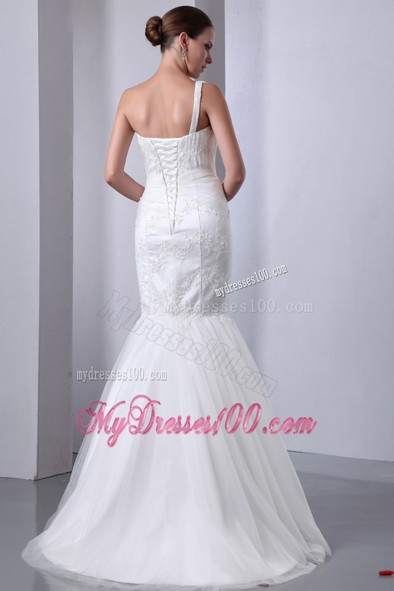 Mermaid One Shoulder Lace White Bridal Dress Handmade Flower