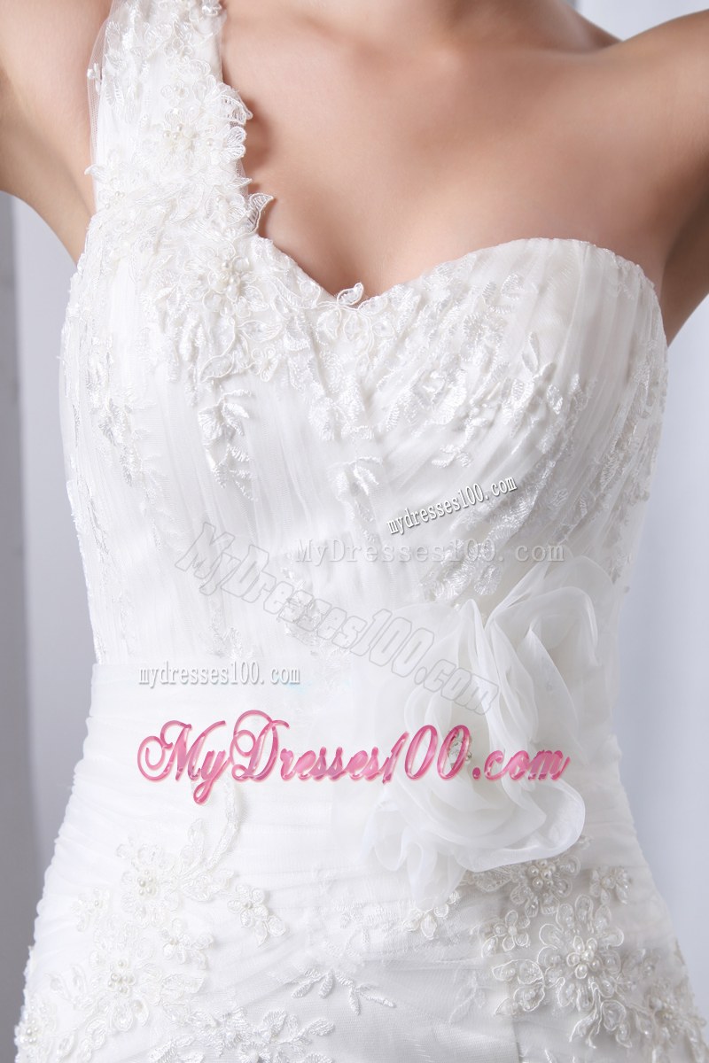 Mermaid One Shoulder Lace White Bridal Dress Handmade Flower