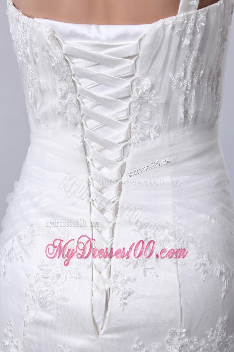 Mermaid One Shoulder Lace White Bridal Dress Handmade Flower