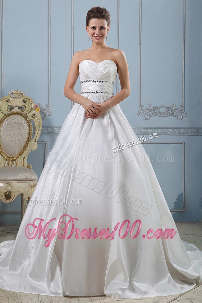 Sweetheart Beaded and Ruched Chapel Train Wedding Dress in A-line Style