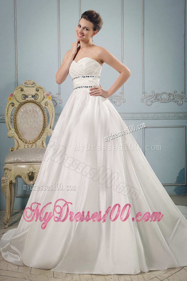 Sweetheart Beaded and Ruched Chapel Train Wedding Dress in A-line Style