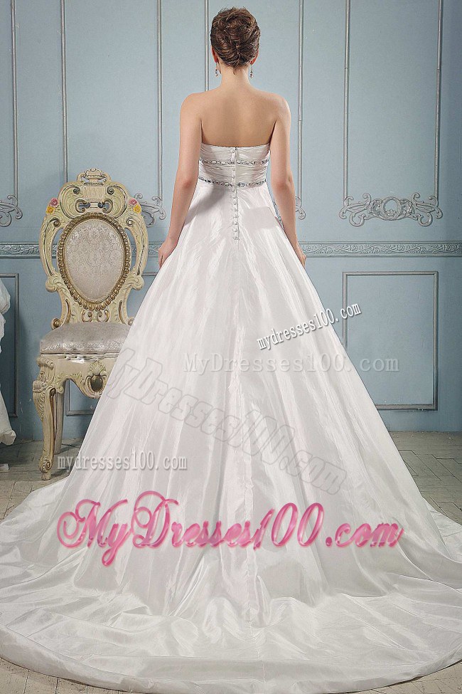 Sweetheart Beaded and Ruched Chapel Train Wedding Dress in A-line Style