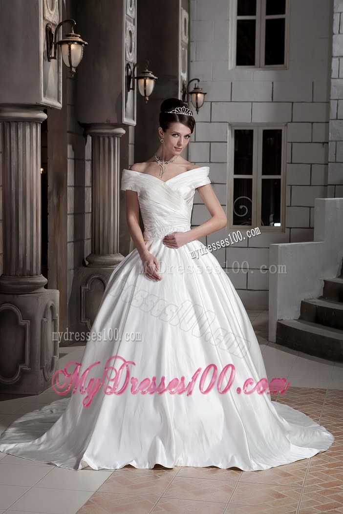 Off The Shoulder Button Down Back Puffy Sweep Train Wedding Gown