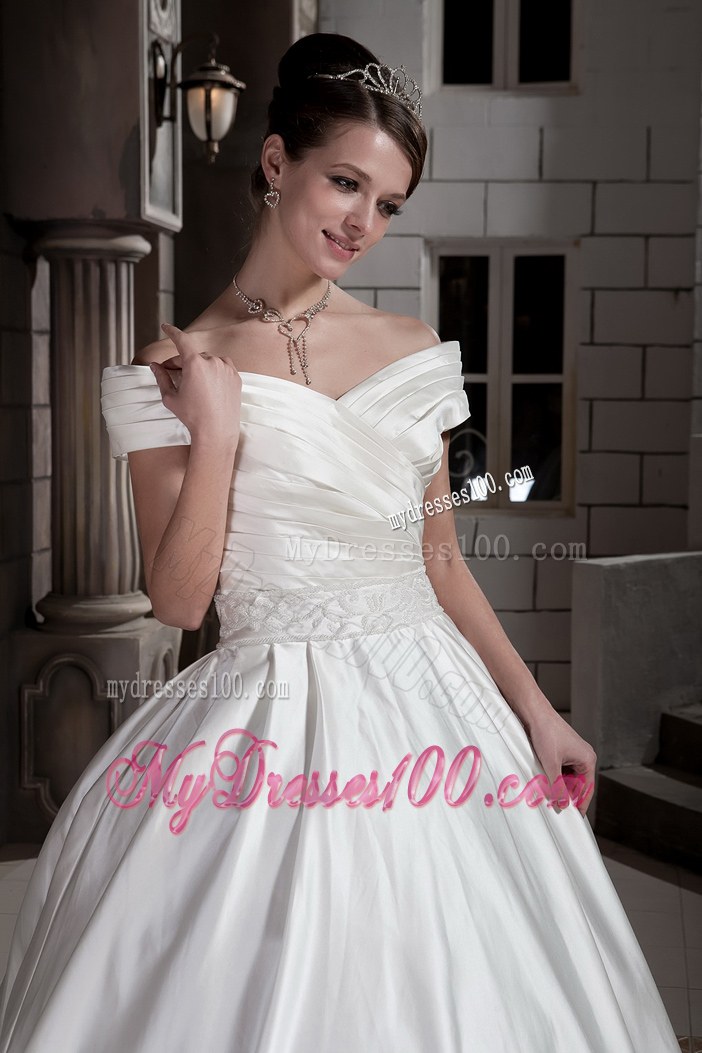 Off The Shoulder Button Down Back Puffy Sweep Train Wedding Gown