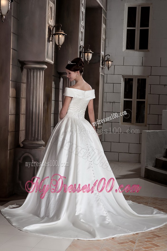 Off The Shoulder Button Down Back Puffy Sweep Train Wedding Gown