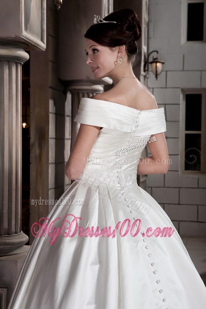 Off The Shoulder Button Down Back Puffy Sweep Train Wedding Gown