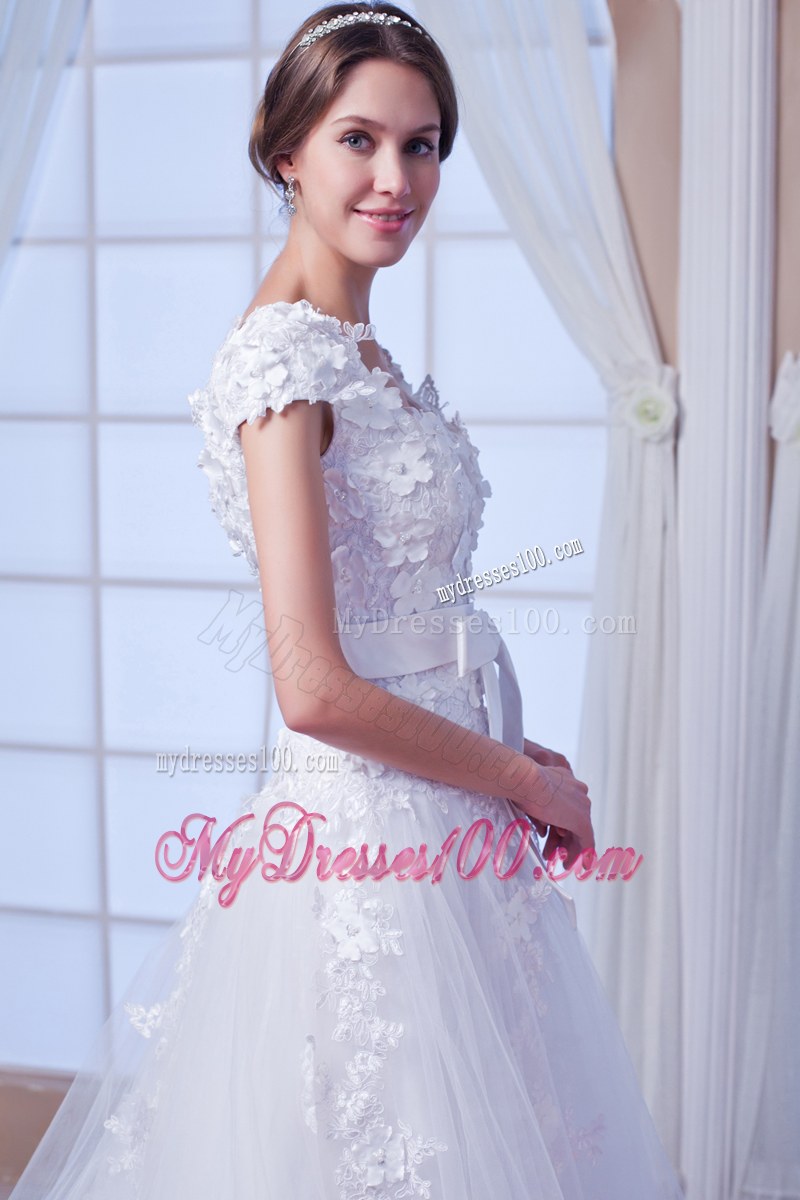 Floral Embellishment Ribbon White Dress for Wedding with Back Out