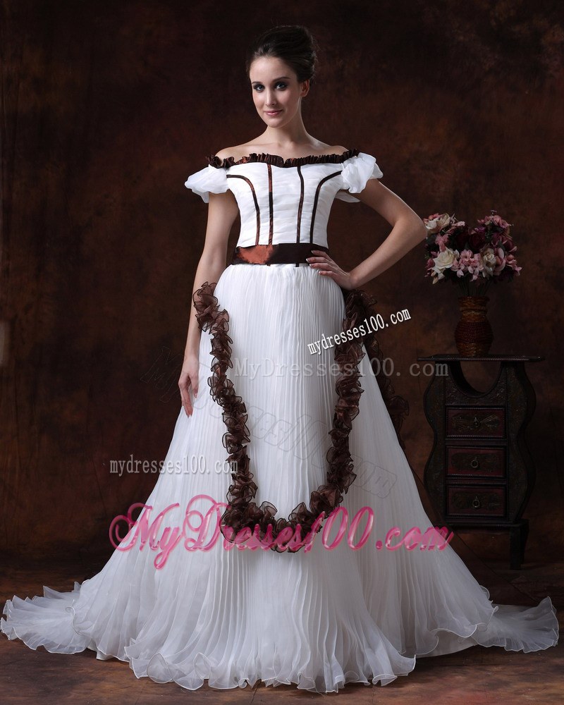White and Brown Flowers Decorated Off The Shoulder Wedding Dress with Ruche