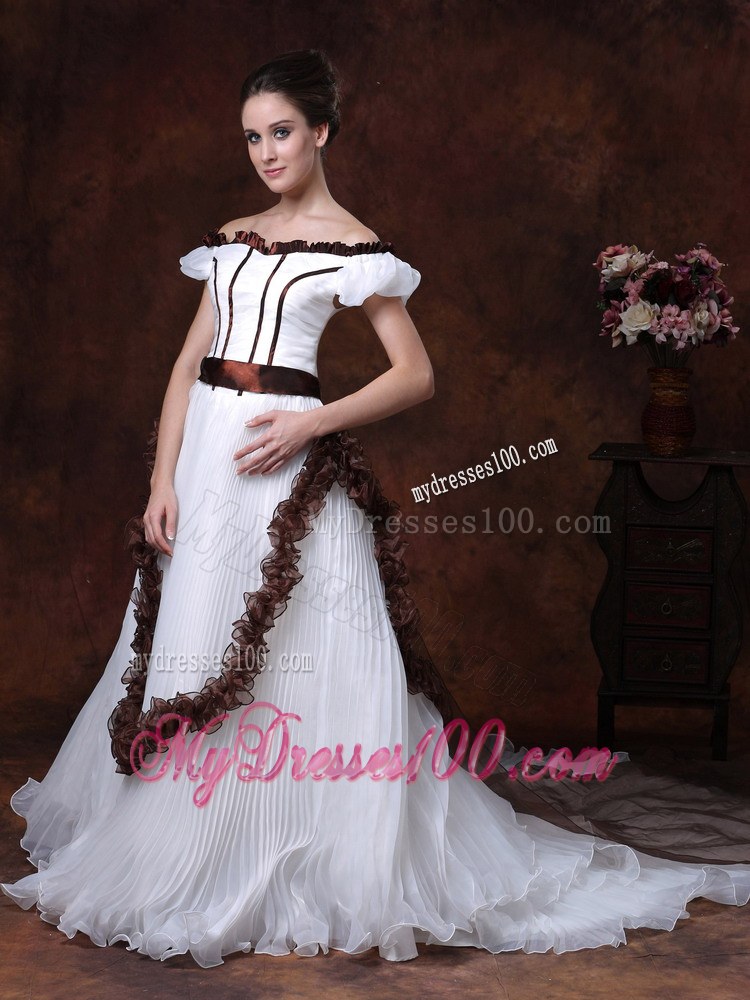 White and Brown Flowers Decorated Off The Shoulder Wedding Dress with Ruche