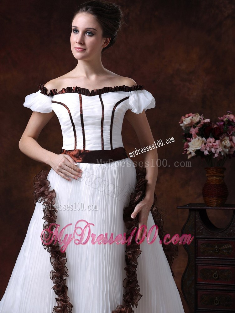 White and Brown Flowers Decorated Off The Shoulder Wedding Dress with Ruche