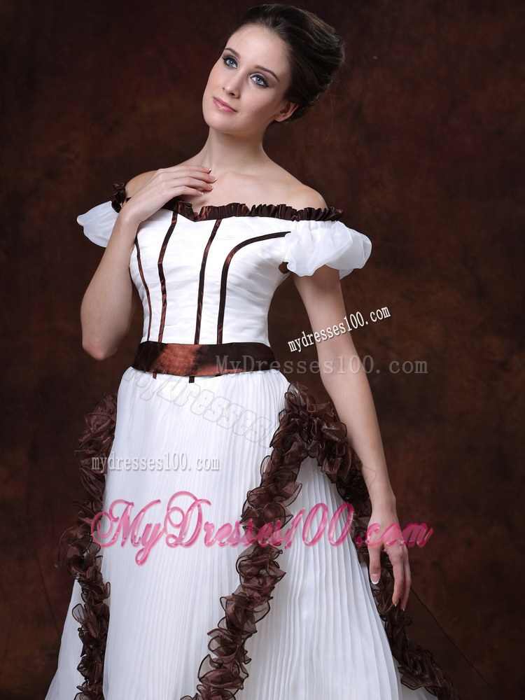 White and Brown Flowers Decorated Off The Shoulder Wedding Dress with Ruche