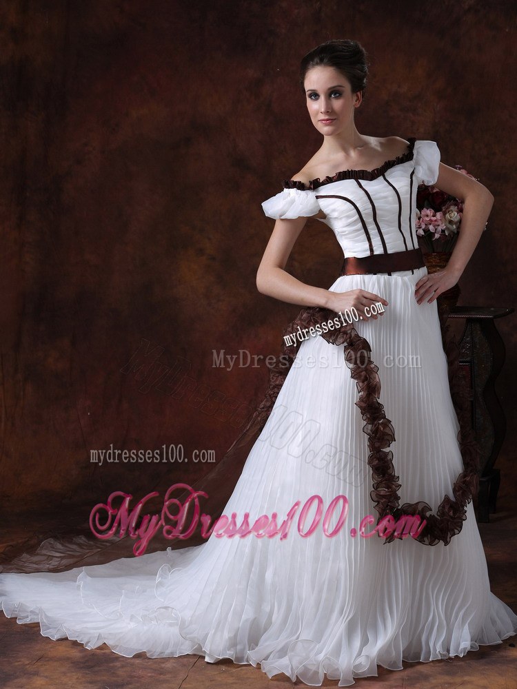 White and Brown Flowers Decorated Off The Shoulder Wedding Dress with Ruche
