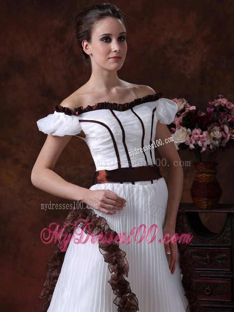 White and Brown Flowers Decorated Off The Shoulder Wedding Dress with Ruche